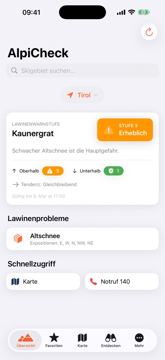 AlpiCheck Dashboard — Lawinenwarnstufe auf einen Blick